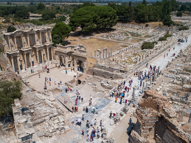 Birds eye view of people walking beside Celsus Library