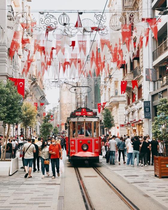 People walking and tram in Istiklal Street