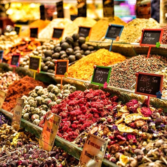 Varieties of teas and spices at the spice market