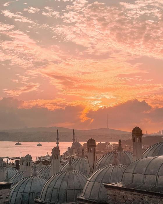 View over Istanbul skyline and Bosphorus at sunset