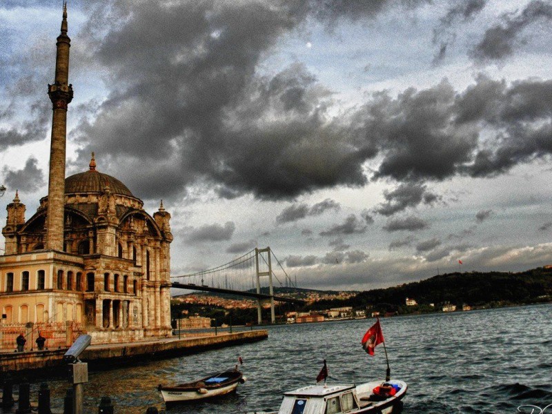 Ortakoy mosque in Istanbul, Bosporus at the background