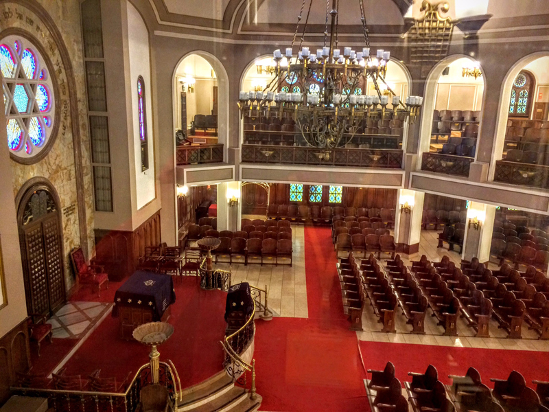 View inside synagogue from upper balcony