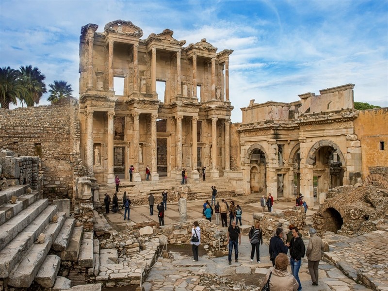 Tourists exploring Celsus library 