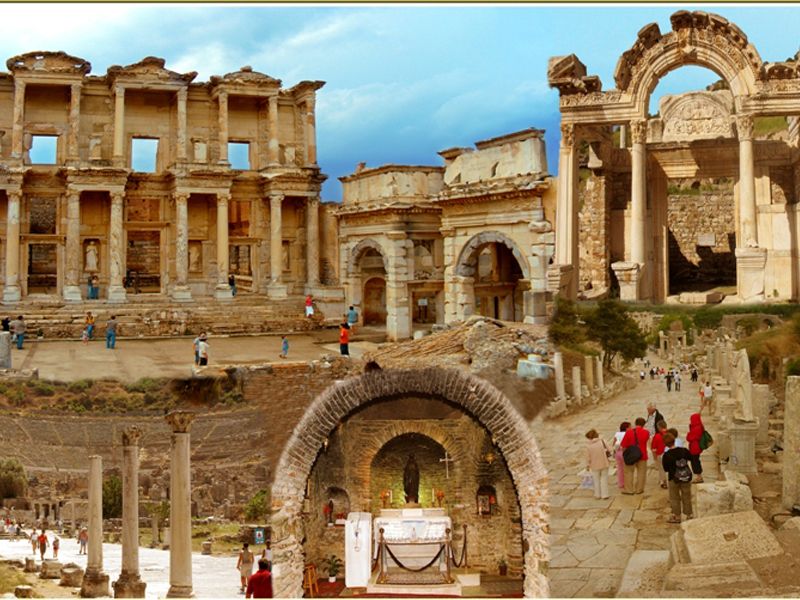 Image of tourists exploring Celsus library, Ephesus and House of the Virgin Mary