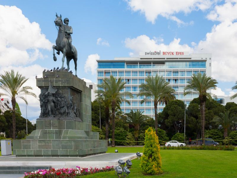 Park and Ataturk statue with hotel in background