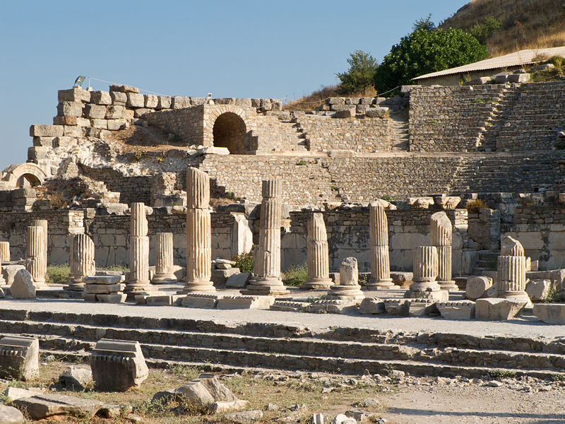 Image of pillars and Amphitheatre at Ephesus in background