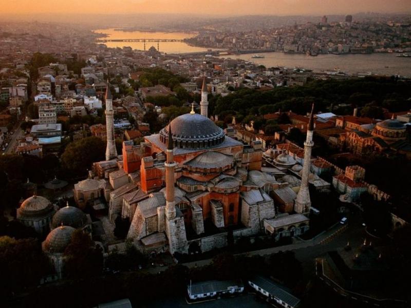 Birds eye view of Blue Mosque and Hagia Sophia