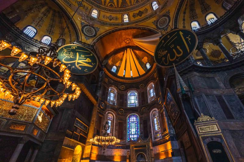 Image of decorated ceiling and stained glass at Hagia Sophia